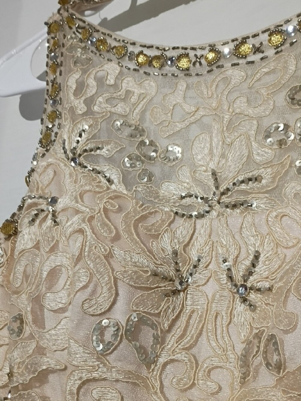 Sue Wong Ivory Lace Beaded Illusion Neck Midi Dress, Silver Sequins, Open Back - Picture 3 of 16